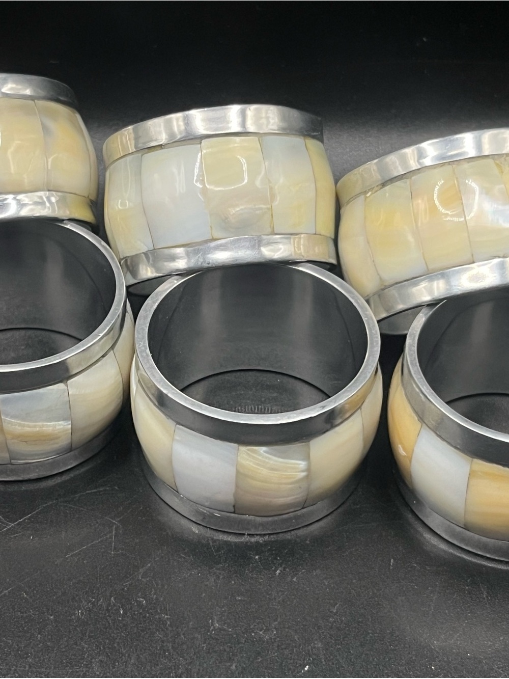 Mother-of-Pearl Inlay Napkin Ring Set of 6 Cream & Silver